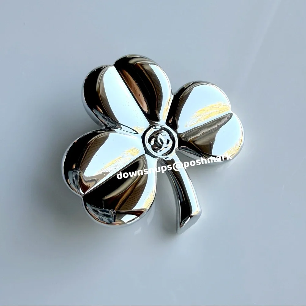 CHANEL Silver Clover Pin Brooch